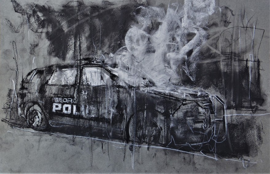 3454 'campus fire', conte and chalk on paper, 50 x 32 cm, september 2017